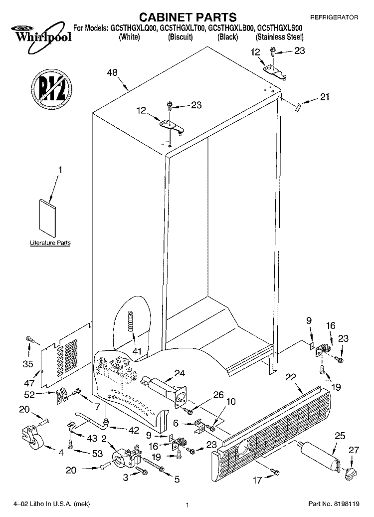 CABINET, LITERATURE Diagram and Parts List for GC5THGXLB00  Whirlpool Refrigerator