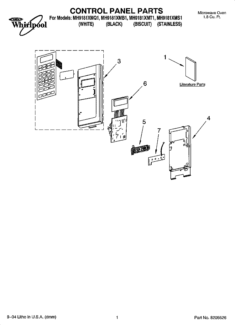 CONTROL PANEL PARTS Diagram and Parts List for MH9181XMB1  Whirlpool Microwave