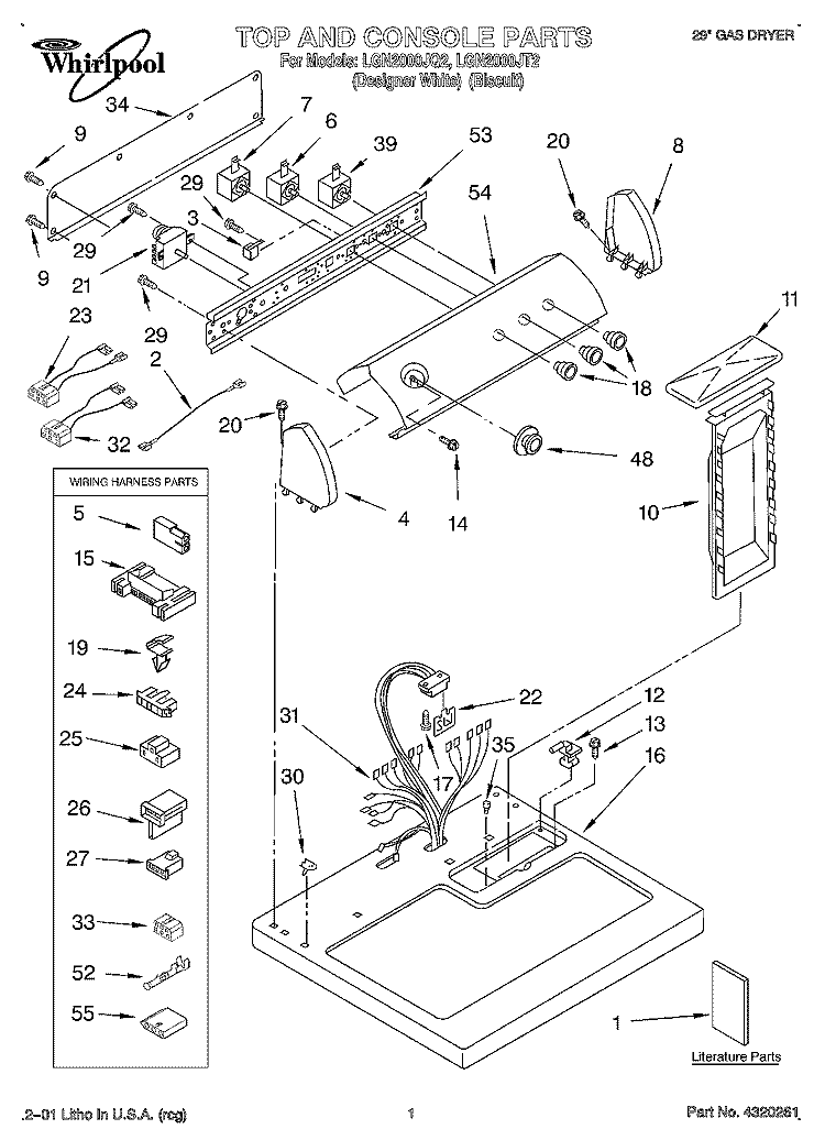 TOP AND CONSOLE, LIT/OPTIONAL Diagram and Parts List for LGN2000JQ2  Whirlpool Dryer