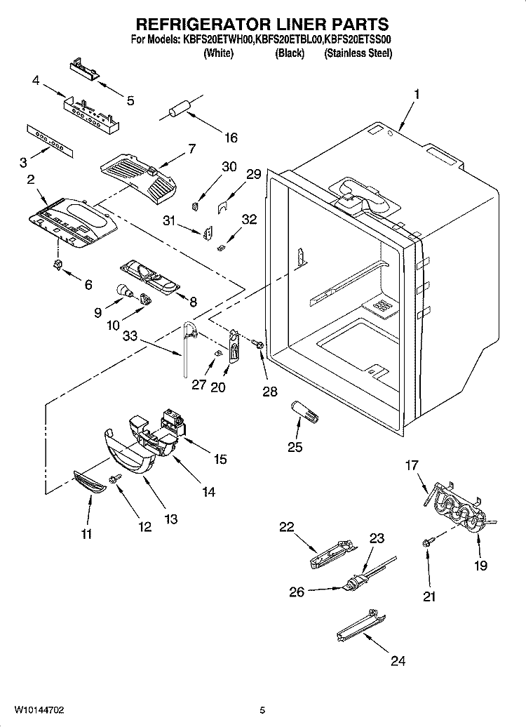 REFRIGERATOR LINER PARTS Diagram and Parts List for KBFS20ETBL00  KitchenAid Refrigerator