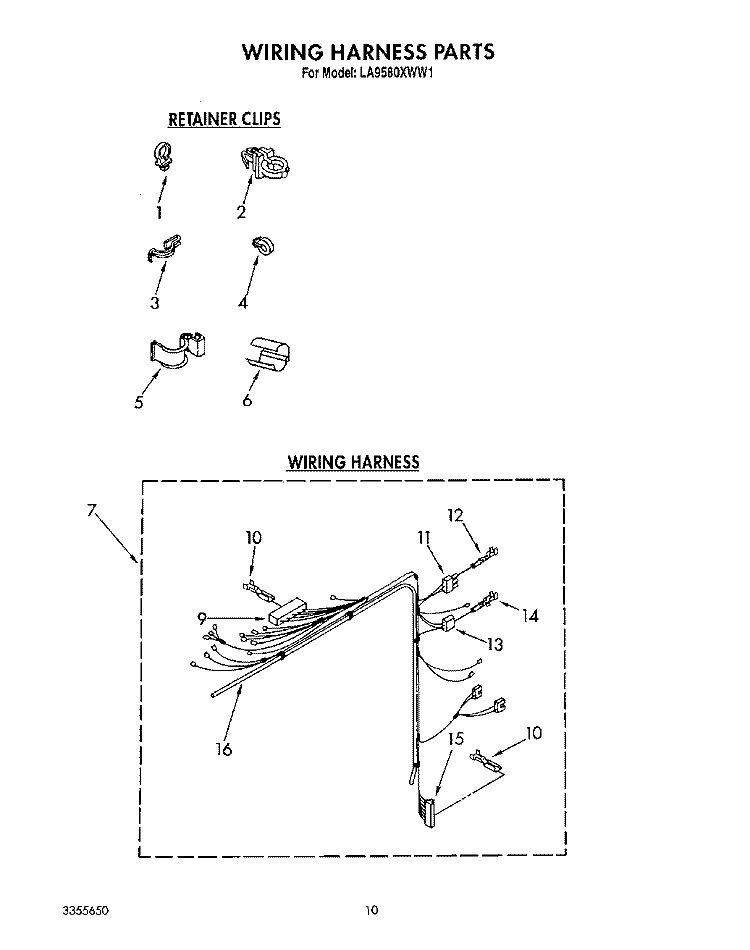 WIRING HARNESS Diagram and Parts List for LA9580XWF1  Whirlpool Washer