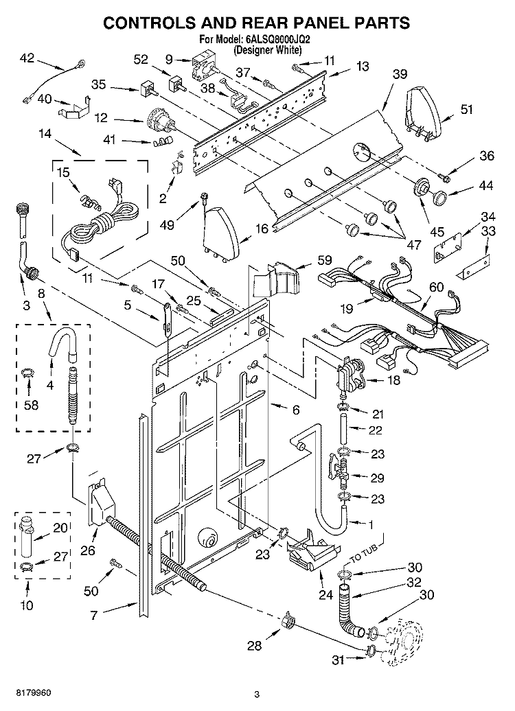 CONTROLS AND REAR PANEL PARTS Diagram and Parts List for 6ALSQ8000JQ2  Whirlpool Washer