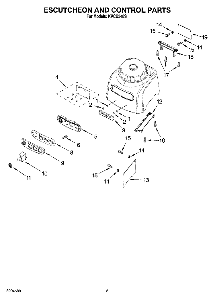 ESCUTCHEON AND CONTROL PARTS Diagram and Parts List for KPCB348S  KitchenAid Blender