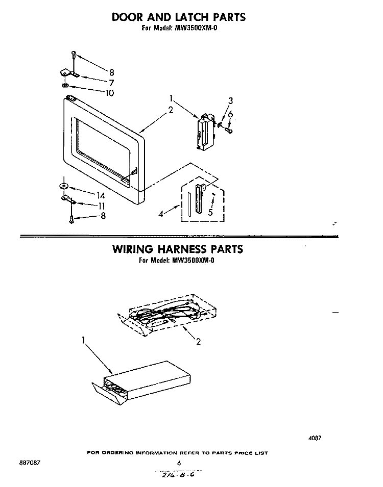 DOOR AND LATCH, WIRING HARNESS Diagram and Parts List for MW3500XM0  Whirlpool Microwave