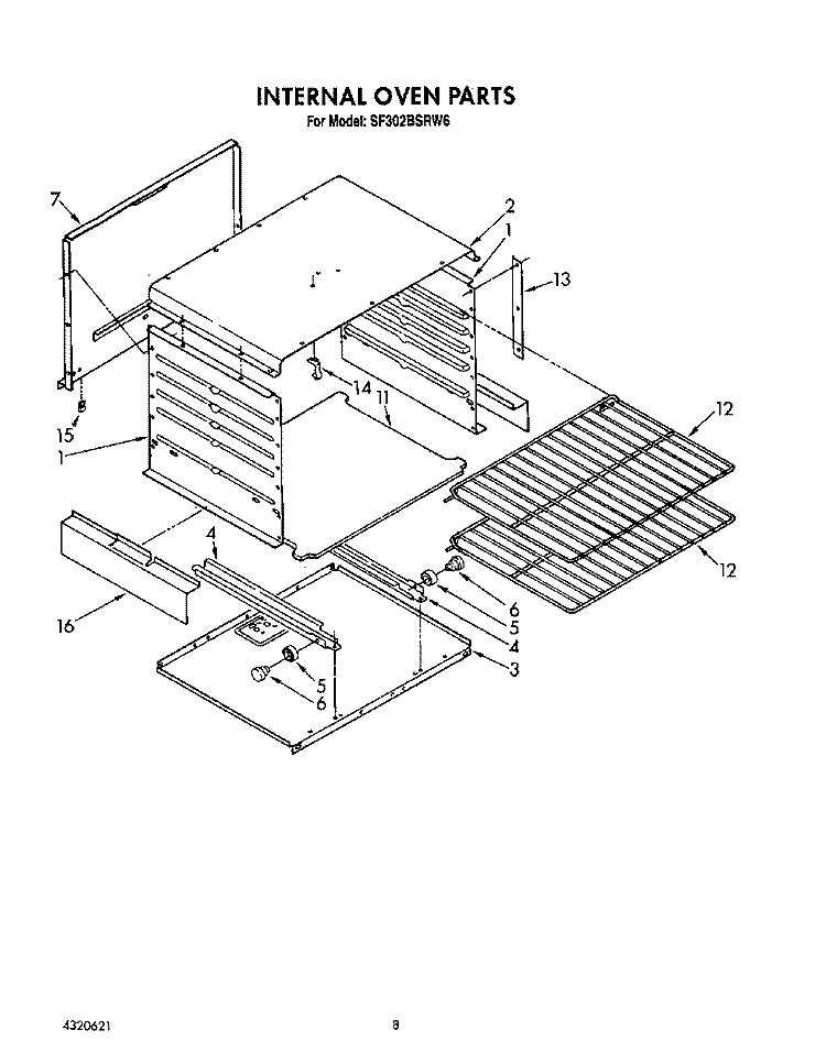 INTERNAL OVEN Diagram and Parts List for SF302BSRW6  Whirlpool Range