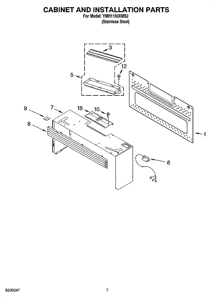 CABINET AND INSTALLATION PARTS Diagram and Parts List for YMH1150XMS2  Whirlpool Microwave