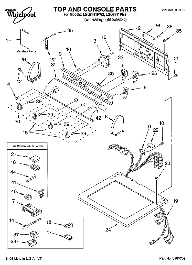 TOP AND CONSOLE PARTS Diagram and Parts List for LGQ8611PG2  Whirlpool Dryer