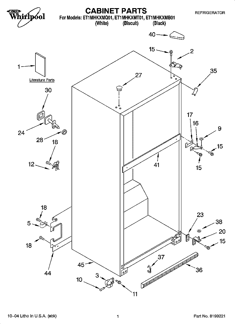 CABINET PARTS Diagram and Parts List for ET1MHKXMQ01  Whirlpool Refrigerator