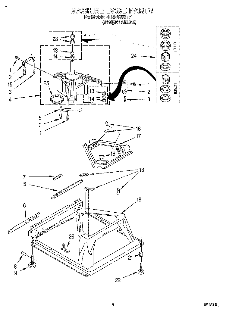 MACHINE BASE Diagram and Parts List for 4LBR8255DZ1  Whirlpool Washer