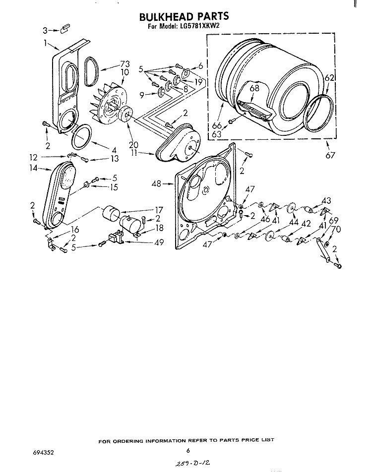 BULKHEAD Diagram and Parts List for LG5781XKW2  Whirlpool Dryer