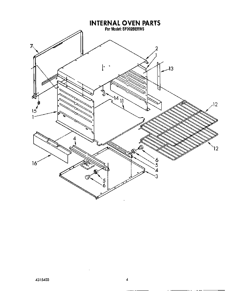 INTERNAL OVEN Diagram and Parts List for SF302BERW5  Whirlpool Range