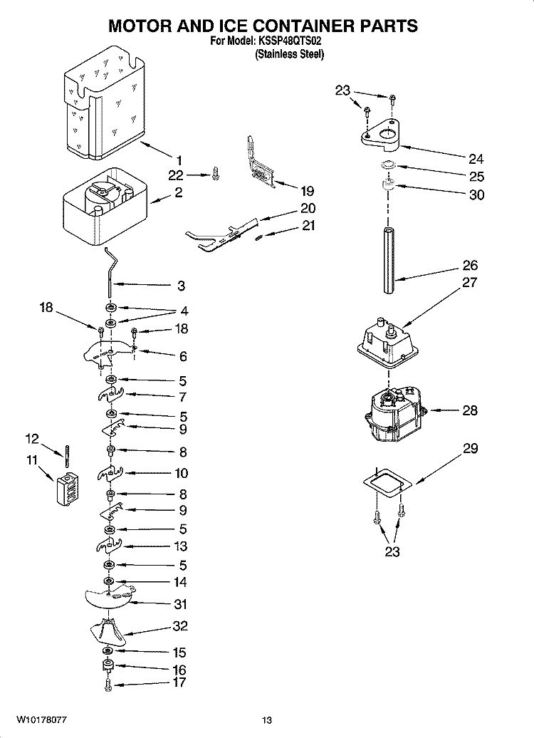 MOTOR AND ICE CONTAINER PARTS Diagram and Parts List for KSSP48QTS02  KitchenAid Refrigerator