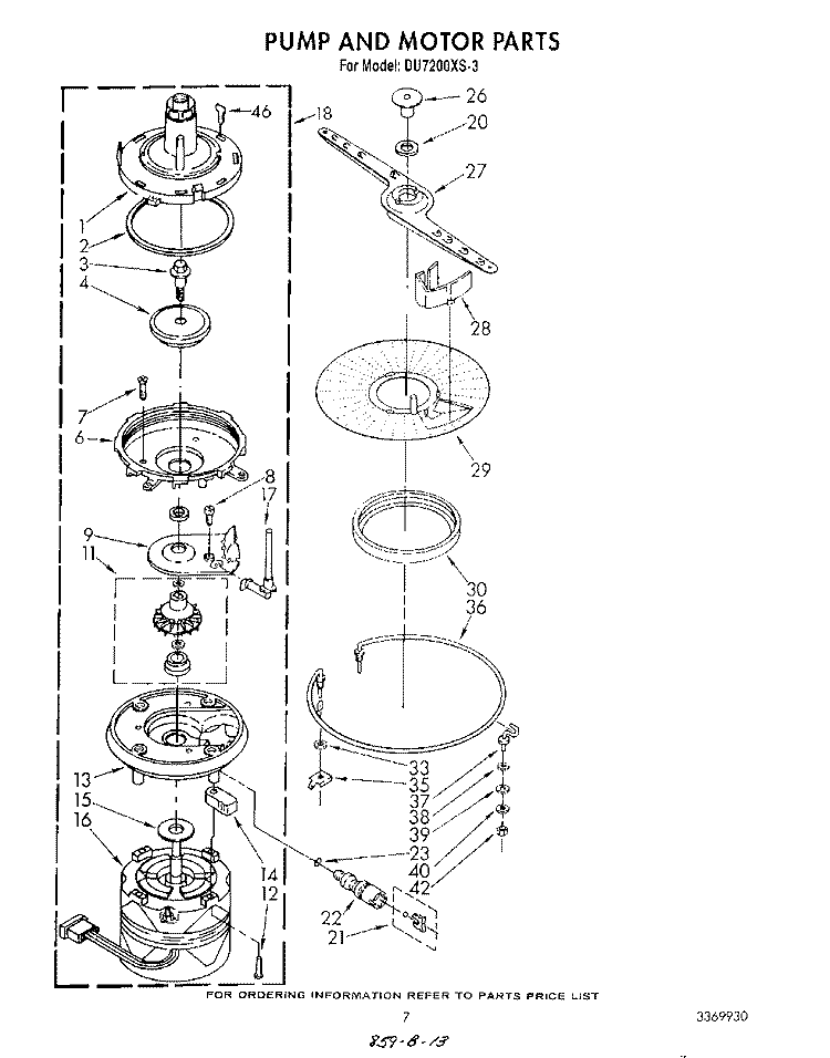 PUMP AND MOTOR Diagram and Parts List for DU7200XS3  Whirlpool Dishwasher