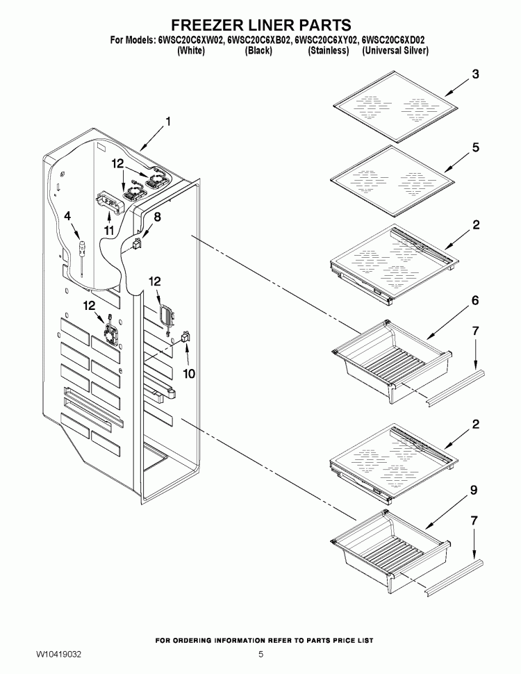 FREEZER LINER PARTS Diagram and Parts List for 6WSC20C6XB02  Whirlpool Refrigerator