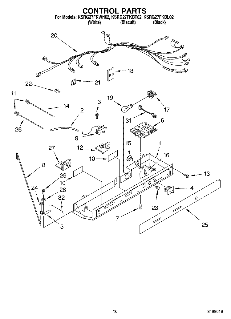 CONTROL Diagram and Parts List for KSRG27FKWH02  KitchenAid Refrigerator