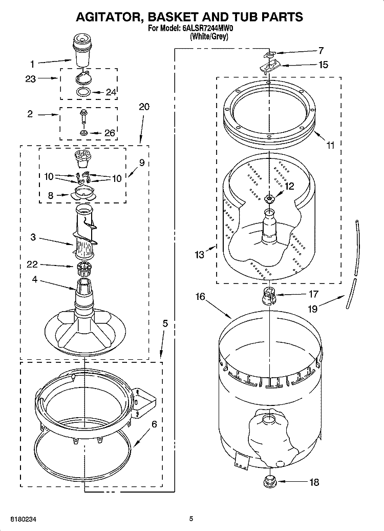 AGITATOR, BASKET AND TUB PARTS Diagram and Parts List for 6ALSR7244MW0  Whirlpool Washer