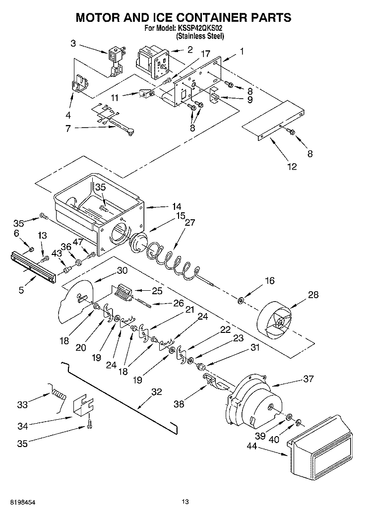 MOTOR AND ICE CONTAINER PARTS Diagram and Parts List for KSSP42QKS02  KitchenAid Refrigerator