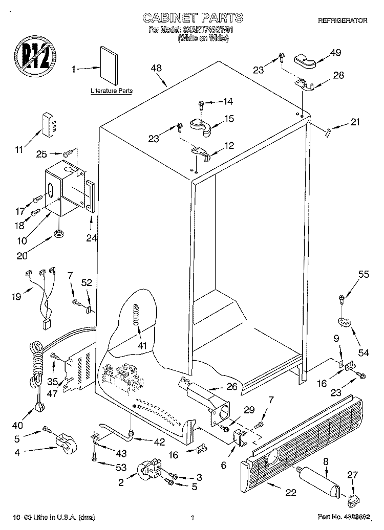 CABINET, LITERATURE Diagram and Parts List for 3XART745GW01  Whirlpool Refrigerator