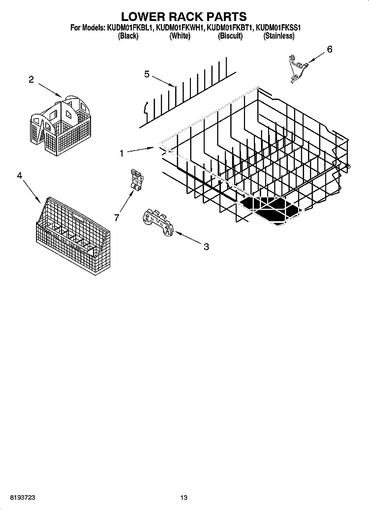 LOWER RACK PARTS Diagram and Parts List for KUDM01FKWH1  KitchenAid Dishwasher