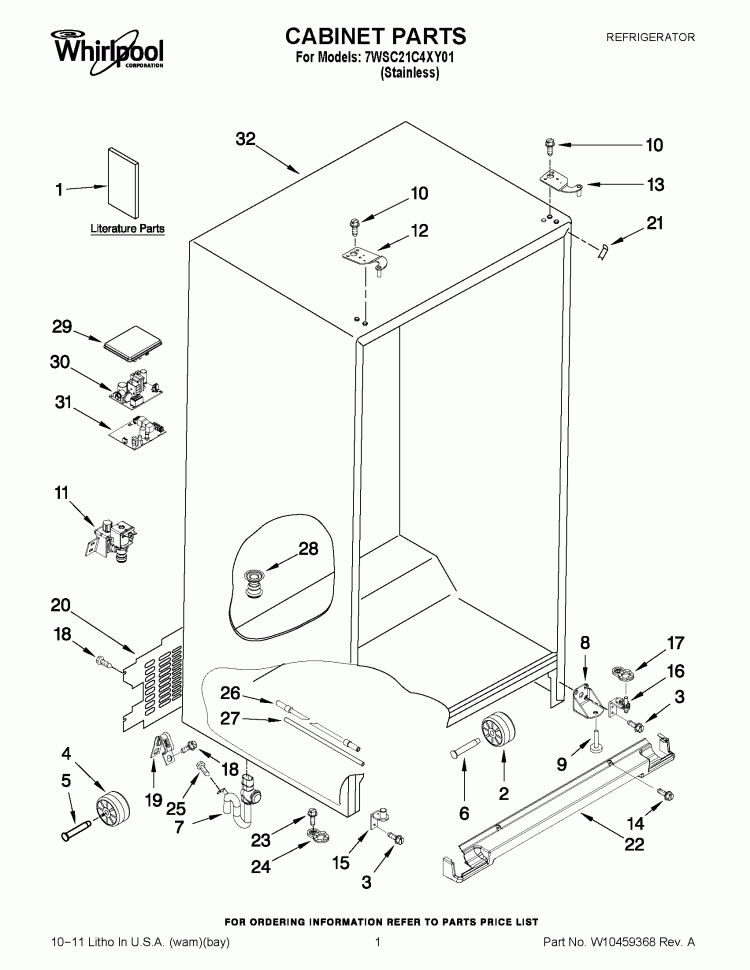 CABINET PARTS Diagram and Parts List for 7WSC21C4XY01  Whirlpool Refrigerator