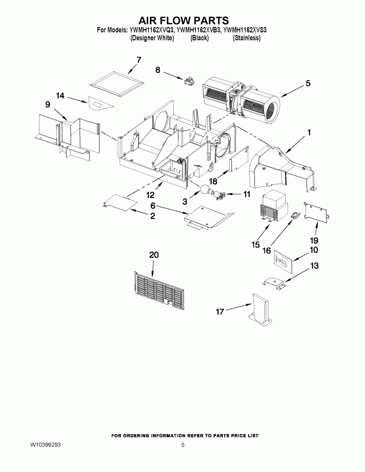 AIR FLOW PARTS Diagram and Parts List for YWMH1162XVB3  Whirlpool Microwave