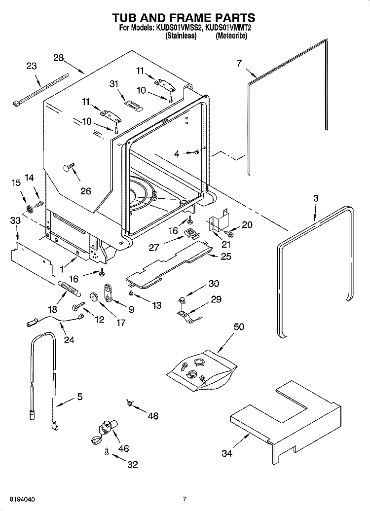 TUB AND FRAME PARTS Diagram and Parts List for KUDS01VMMT2  KitchenAid Dishwasher
