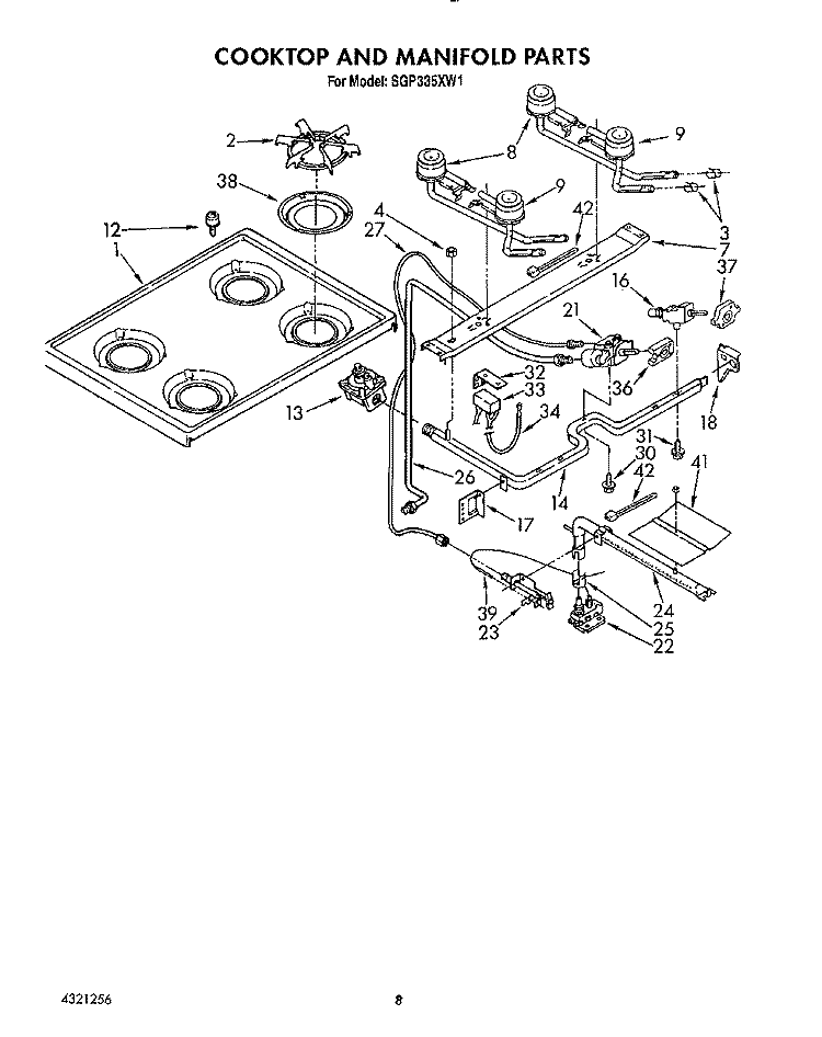 COOKTOP AND MANIFOLD Diagram and Parts List for SGP335XW1  Roper Range