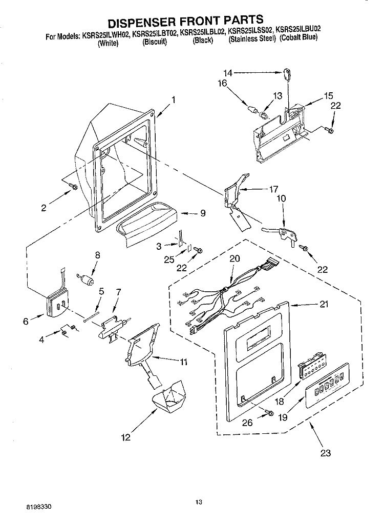 DISPENSER FRONT PARTS Diagram and Parts List for KSRS25ILBT02  KitchenAid Refrigerator