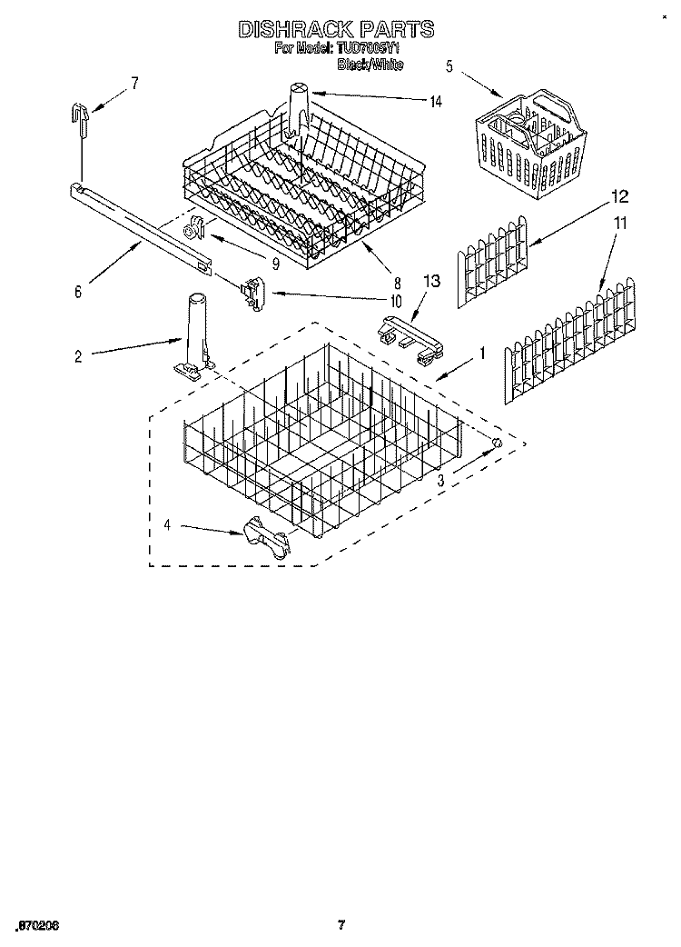 DISHRACK Diagram and Parts List for TUD7005Y1  Whirlpool Dishwasher