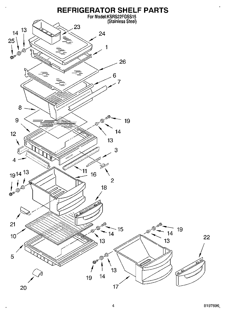REFRIGERATOR SHELF Diagram and Parts List for KSRS22FGSS15  KitchenAid Refrigerator