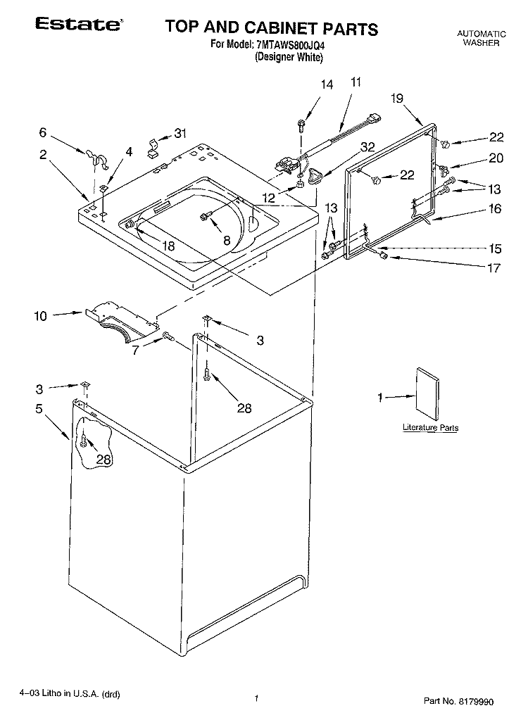 TOP AND CABINET PARTS Diagram and Parts List for 7MTAWS800JQ4  Estate Washer