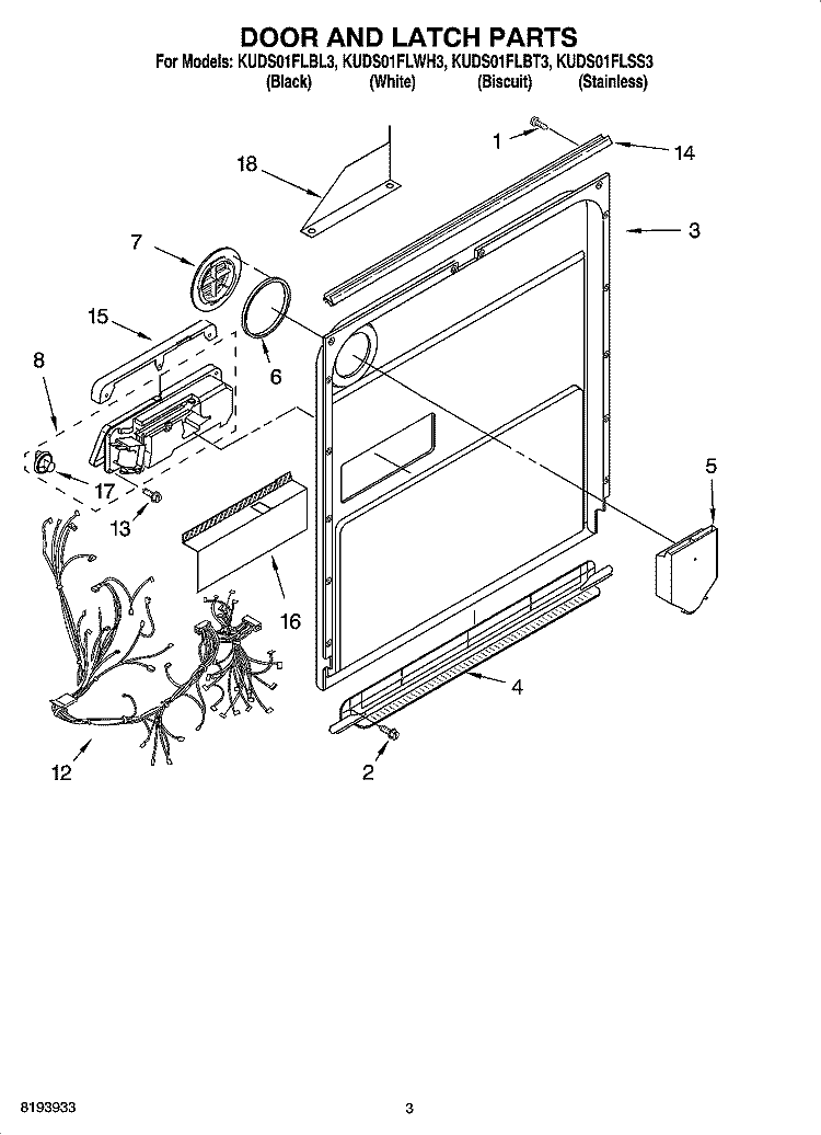 DOOR AND LATCH PARTS Diagram and Parts List for KUDS01FLSS3  KitchenAid Dishwasher