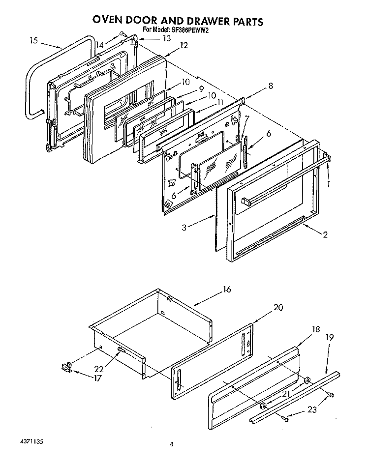 OVEN DOOR AND DRAWER Diagram and Parts List for SF386PEWW2  Whirlpool Range