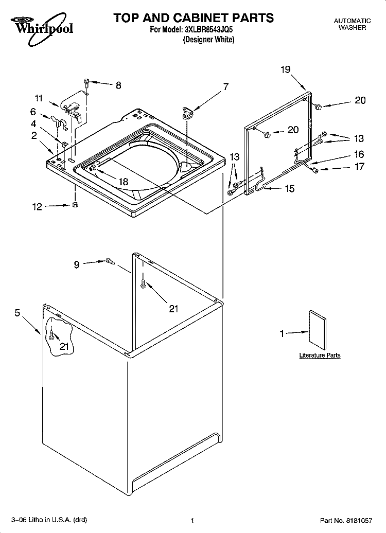 TOP AND CABINET PARTS Diagram and Parts List for 3XLBR8543JQ5  Whirlpool Washer