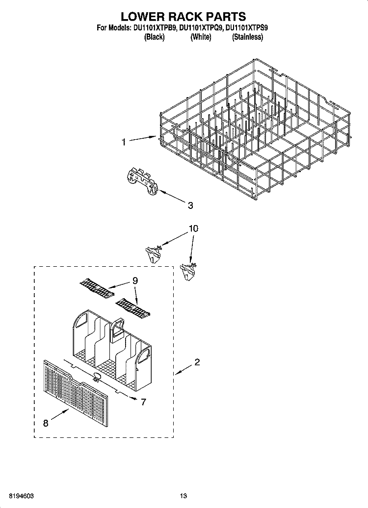LOWER RACK PARTS, OPTIONAL PARTS (NOT INCLUDED) Diagram and Parts List for DU1101XTPB9  Whirlpool Dishwasher