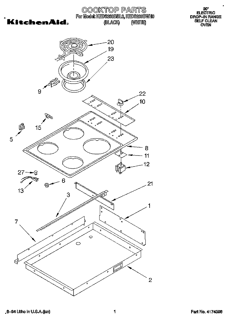COOKTOP Diagram and Parts List for KEDS200BBL0  KitchenAid Range