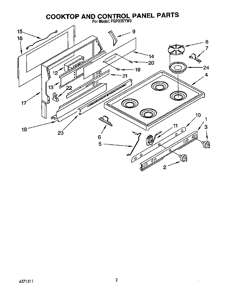 COOKTOP AND CONTROL PANEL, LIT/OPTI Diagram and Parts List for FGP335YL0  Roper Range