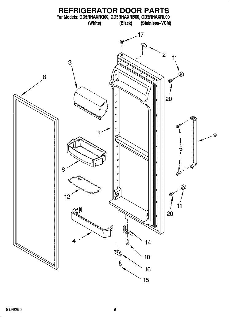 REFRIGERATOR DOOR PARTS Diagram and Parts List for GD5RHAXRB00  Whirlpool Refrigerator