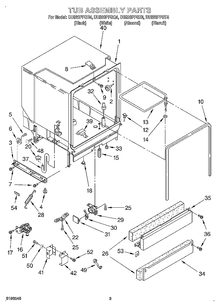 TUB ASSEMBLY Diagram and Parts List for DU920PFGT4  Whirlpool Dishwasher