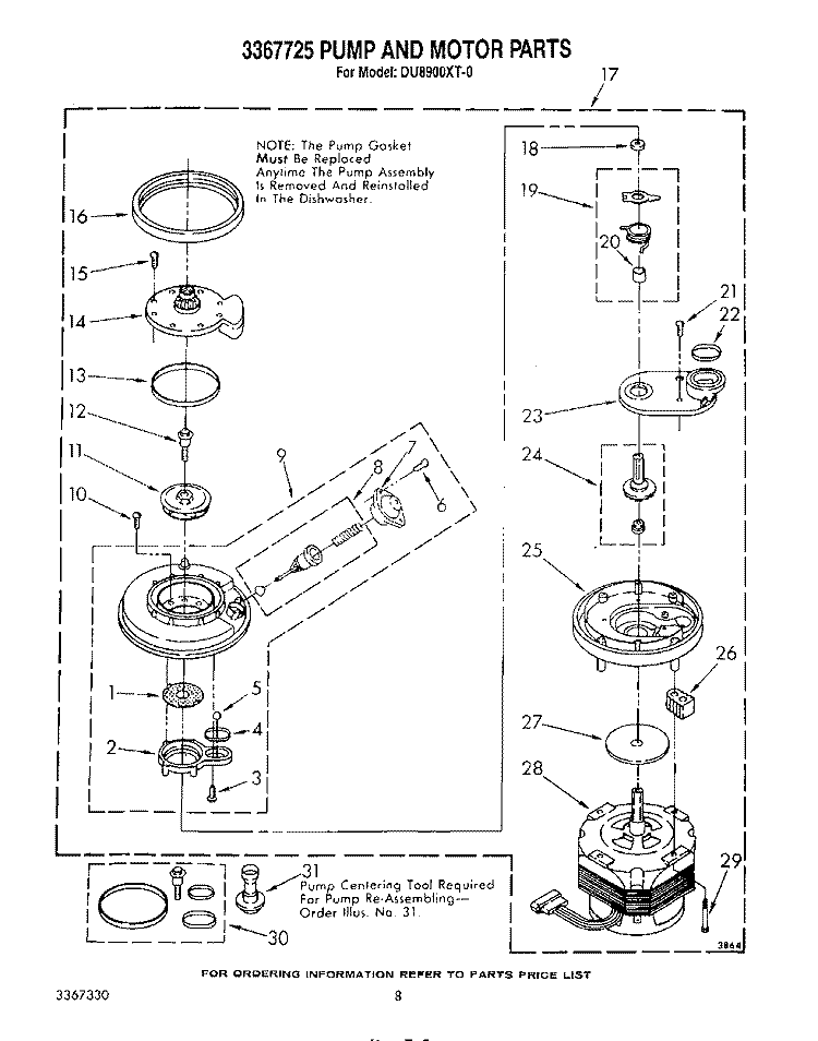 3367725 PUMP AND MOTOR Diagram and Parts List for DU8900XT0  Whirlpool Dishwasher