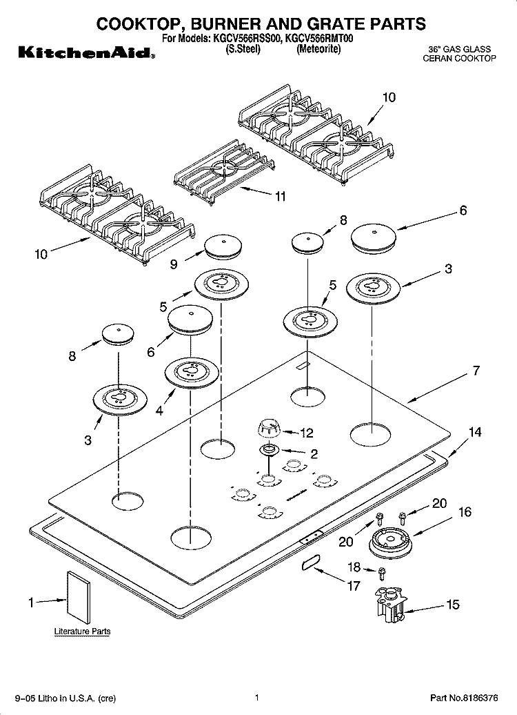 COOKTOP, BURNER AND GRATE PARTS Diagram and Parts List for KGCV566RMT00  KitchenAid Cooktop
