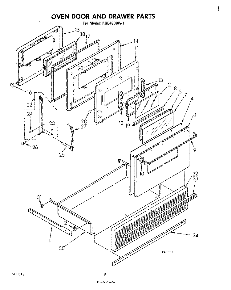 OVEN DOOR AND DRAWER Diagram and Parts List for RGE4900W1  Whirlpool Range