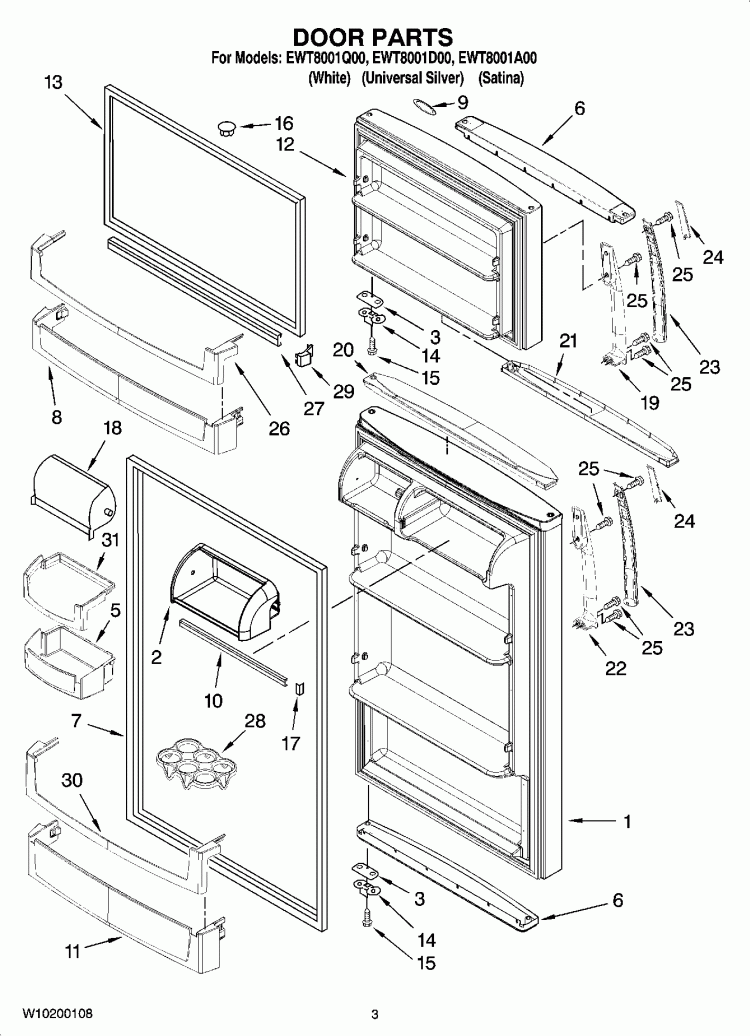 DOOR PARTS Diagram and Parts List for EWT8001A00  Whirlpool Refrigerator