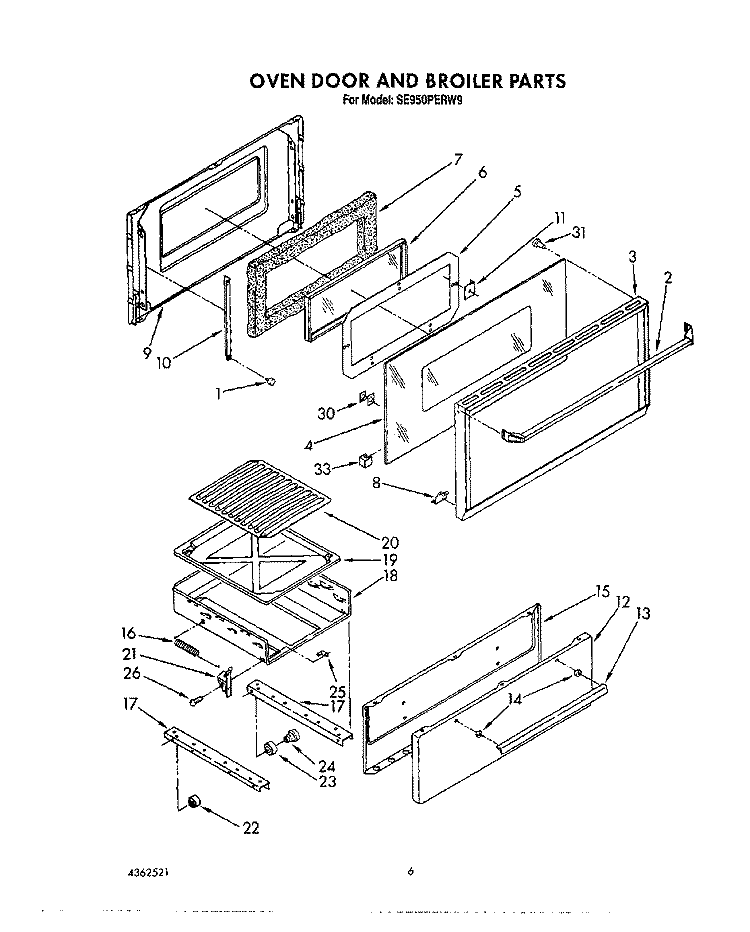OVEN DOOR AND BROILER Diagram and Parts List for SE950PERW9  Whirlpool Range