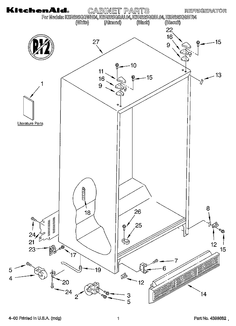 CABINET, LITERATURE Diagram and Parts List for KSRS25QGBL04  KitchenAid Refrigerator