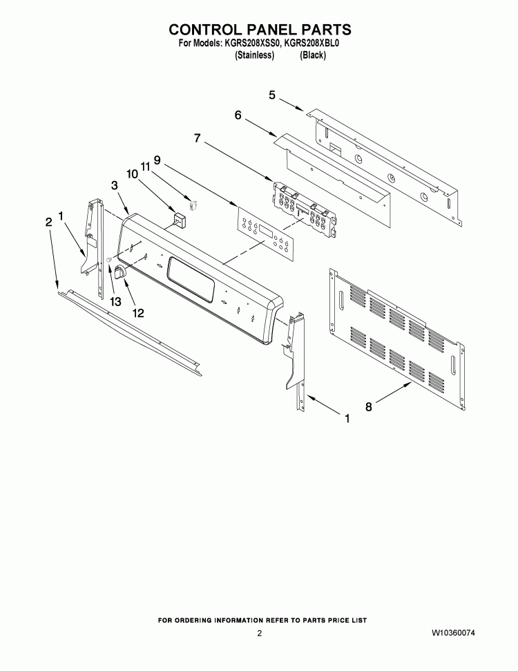 CONTROL PANEL PARTS Diagram and Parts List for KGRS208XBL0  KitchenAid Range