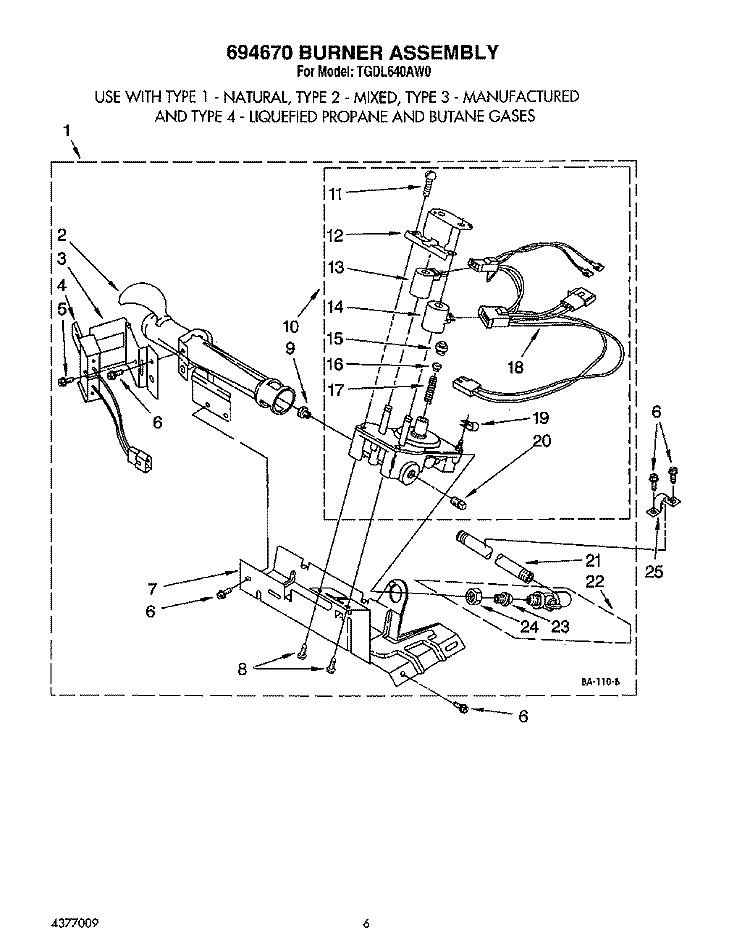 694670 BURNER ASSEMBLY Diagram and Parts List for TGDL640AN0  Whirlpool Dryer
