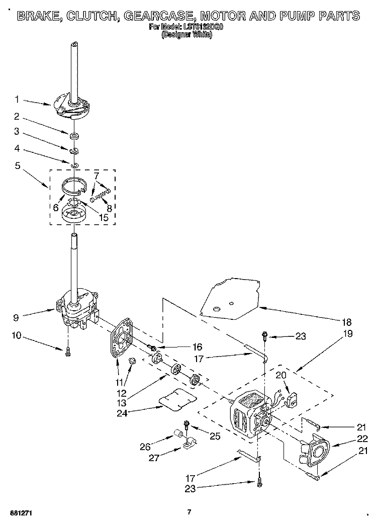 BRAKE, CLUTCH, GEARCASE, MOTOR & PUMP Diagram and Parts List for LST6132DQ0  Whirlpool Washer