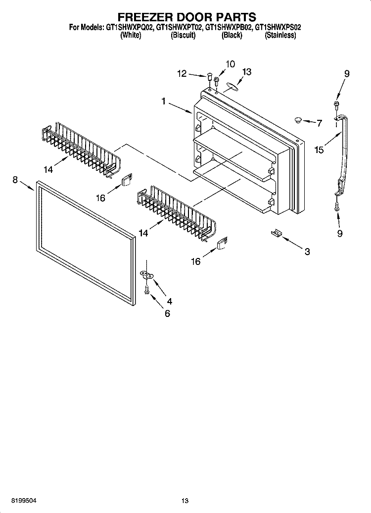 FREEZER DOOR PARTS Diagram and Parts List for GT1SHWXPS02  Whirlpool Refrigerator