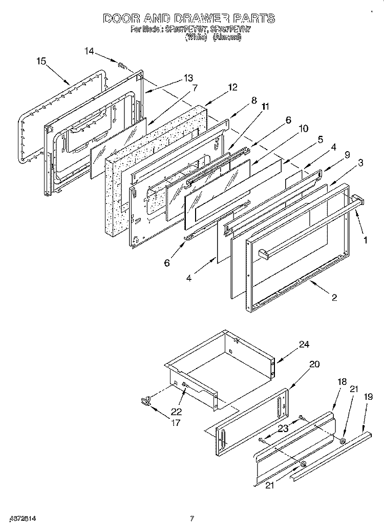 DOOR AND DRAWER Diagram and Parts List for SF387PEYN7  Whirlpool Range